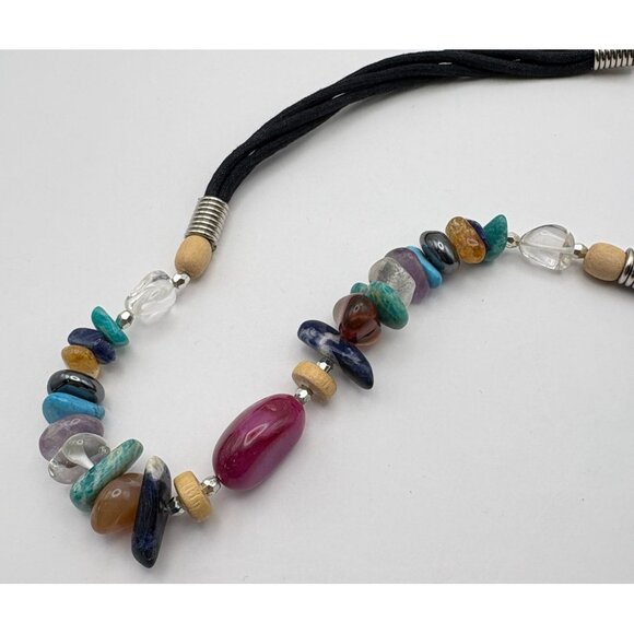 Vibrant Faux Stone Beaded Necklace with Black Cord & Silver Accents Boho Rainbow - Picture 3 of 7